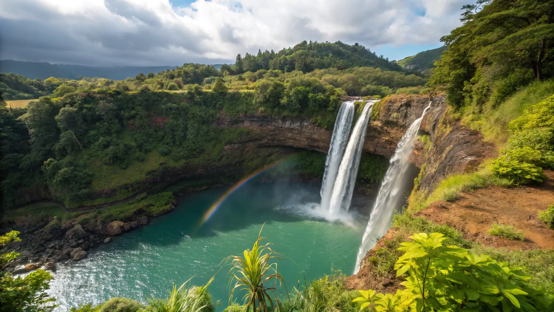 Wailua Falls Kauai Hawaii - Twin waterfalls with rainbow cascading down tropical cliff into turquoise pool