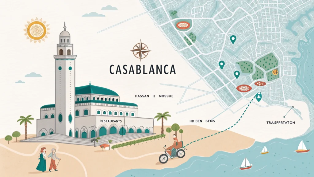 Stylized digital map of Casablanca with illustrated icons marking attractions, restaurants, hidden gems, and transportation hubs against color-coded neighborhoods