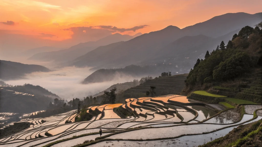 Sunrise over Yuanyang rice terraces with water-filled fields reflecting orange and pink dawn colors across thousands of terraces, morning mist rising between levels, and tiny silhouettes of farmers beginning their day's work.
