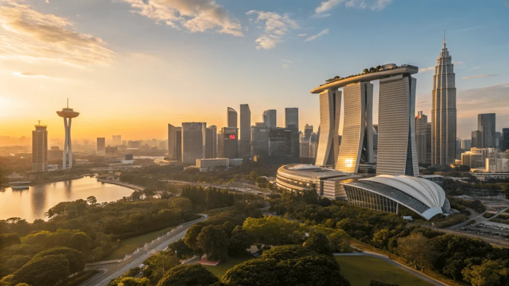 Panoramic sunset view showing both Singapore and Kuala Lumpur skylines during ideal March weather conditions.