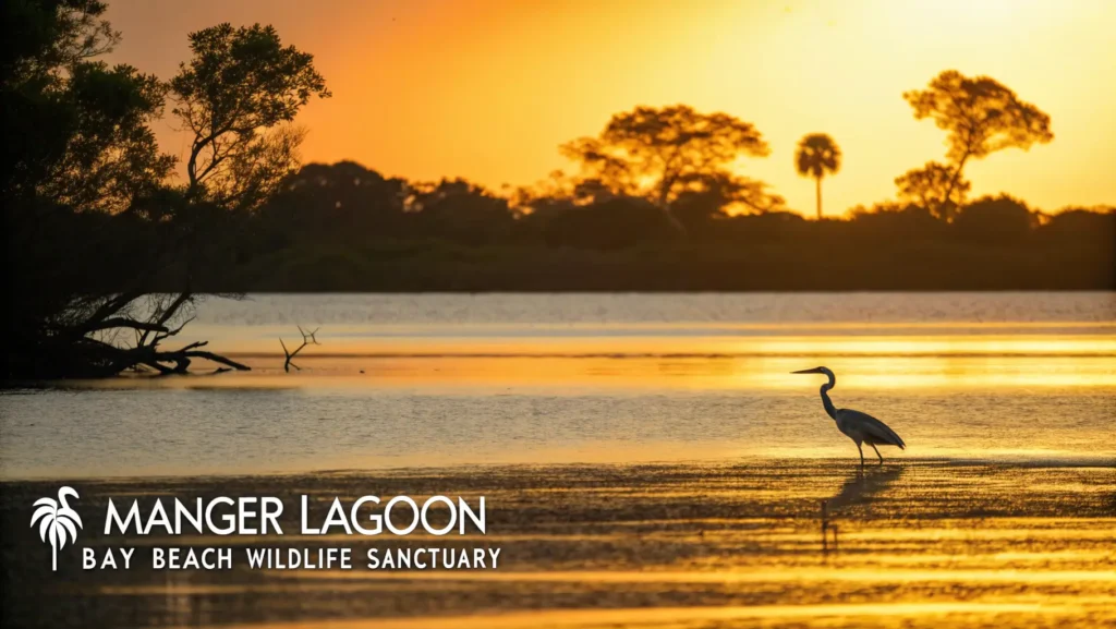 Sunset at Manger Lagoon in Bay Beach Wildlife Sanctuary with golden reflections on water and a great blue heron in silhouette.