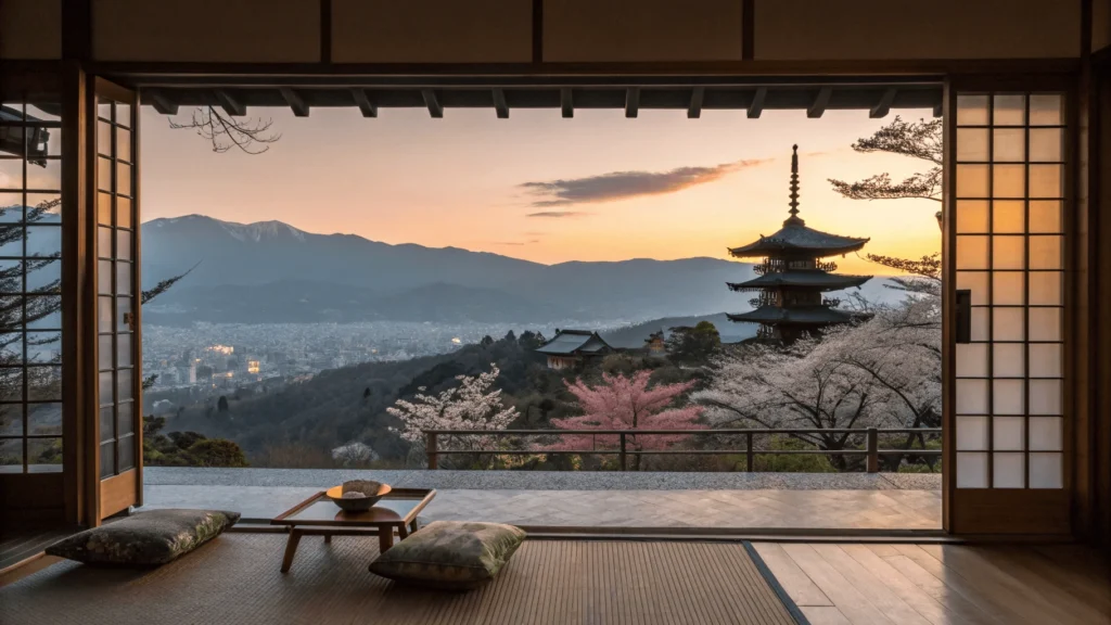 Sunset view from traditional ryokan room with open sliding doors framing panoramic vista of diverse Kinki landscape with traditional Japanese tea set in foreground
