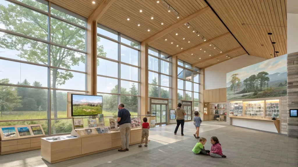 Interior of Bay Beach Wildlife Sanctuary Nature Education Center showing interactive exhibits and visiting families