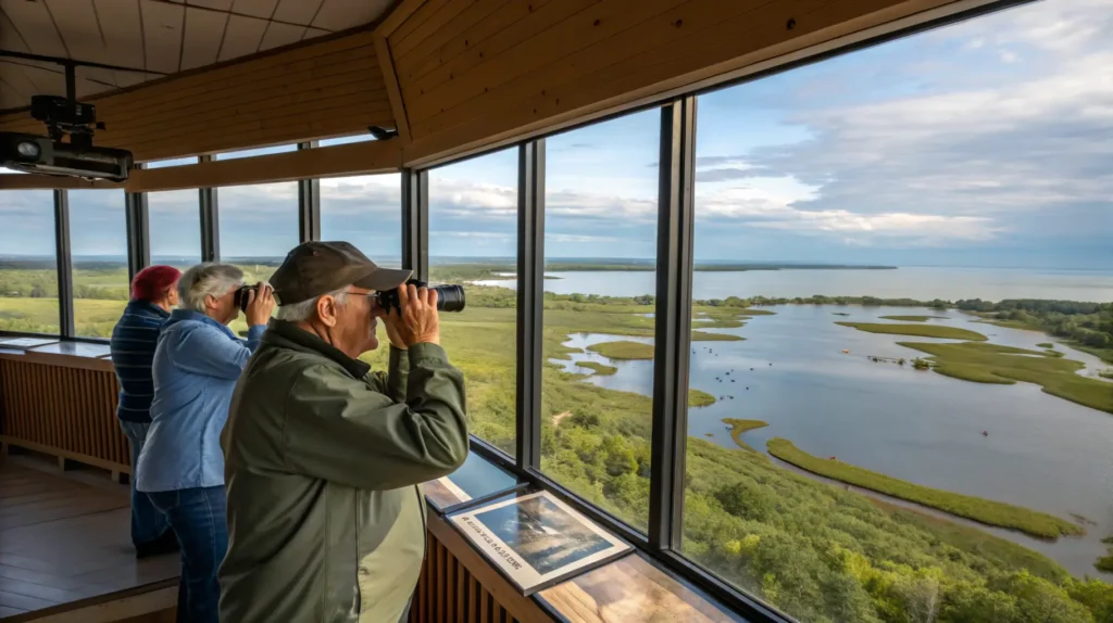Interior of Bay Beach Wildlife Sanctuary observation tower with visitors bird watching over Lake Michigan
