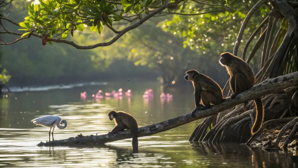 Howler monkeys in trees above a mangrove estuary with crocodile and tropical birds in Tamarindo wildlife refuge