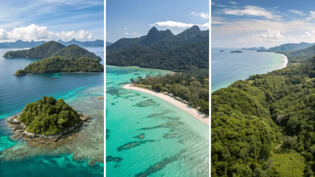 Three Malaysian landscapes showing optimal conditions for west coast, east coast, and Borneo regions.