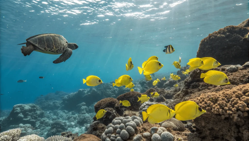 Underwater view of coral reef and tropical fish at 49 Black Sand Beach with Hawaiian green sea turtle