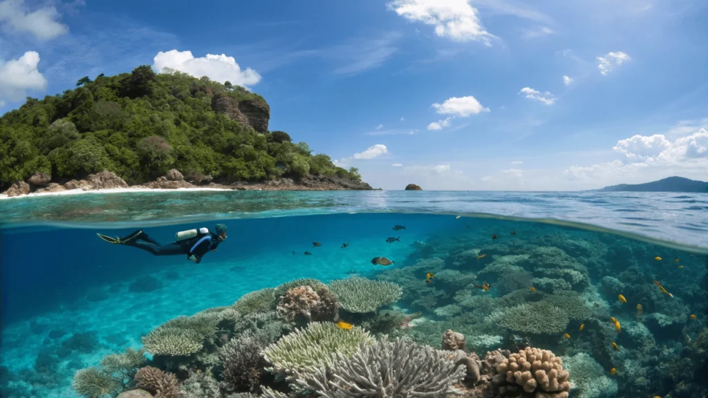 Split-level underwater photograph at Redang Island showing perfect water clarity during optimal diving season.