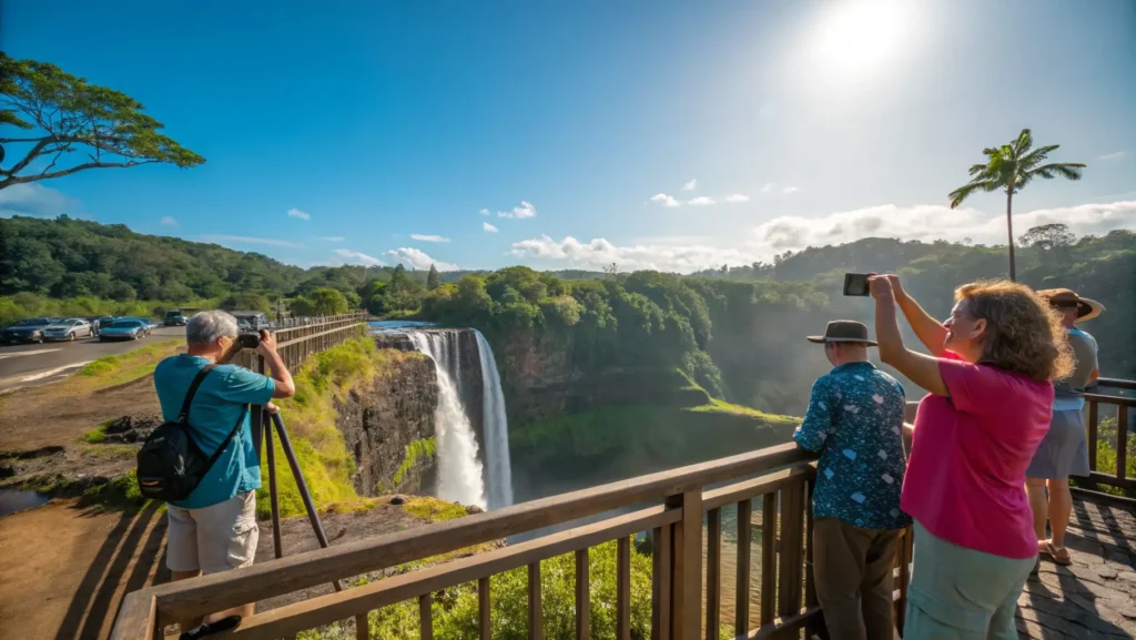  Tourists viewing Wailua Falls from designated viewpoint taking photos with cameras and smartphones