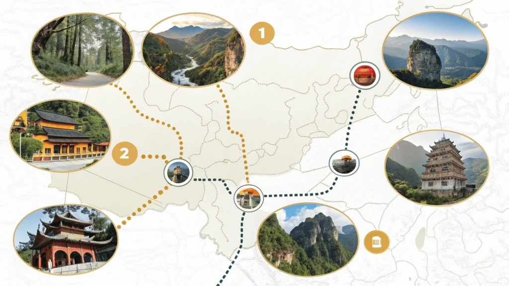 Illustrated map of Yunnan showing a numbered route connecting major destinations, surrounded by circular photos of key attractions including Stone Forest, Yuanyang terraces, Dali pagodas, Lijiang canals, Tiger Leaping Gorge, and Shangri-La temple.