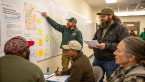 A diverse group of advocates at a wildlife management meeting, discussing conservation strategies and reforms.