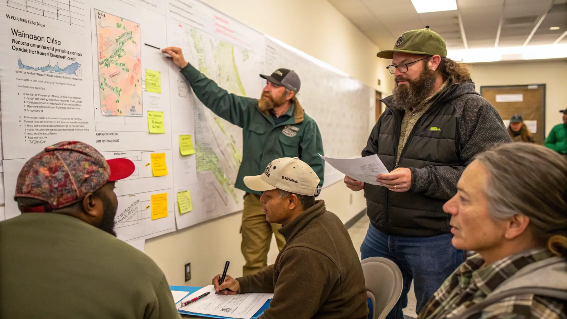 A diverse group of advocates at a wildlife management meeting, discussing conservation strategies and reforms.