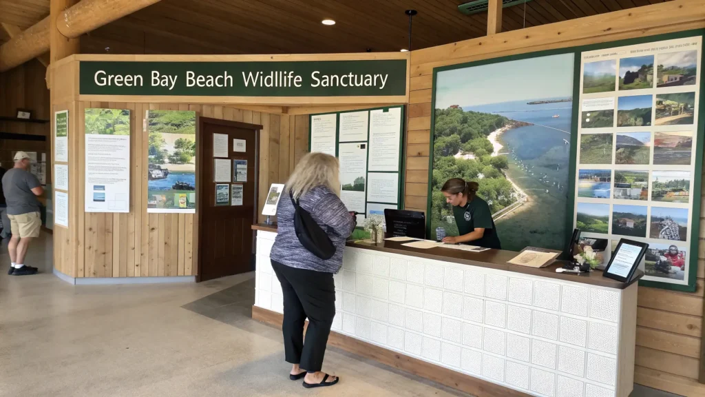  Information desk at Green Bay Wildlife Sanctuary providing visitor assistance, FAQs, and testimonials.