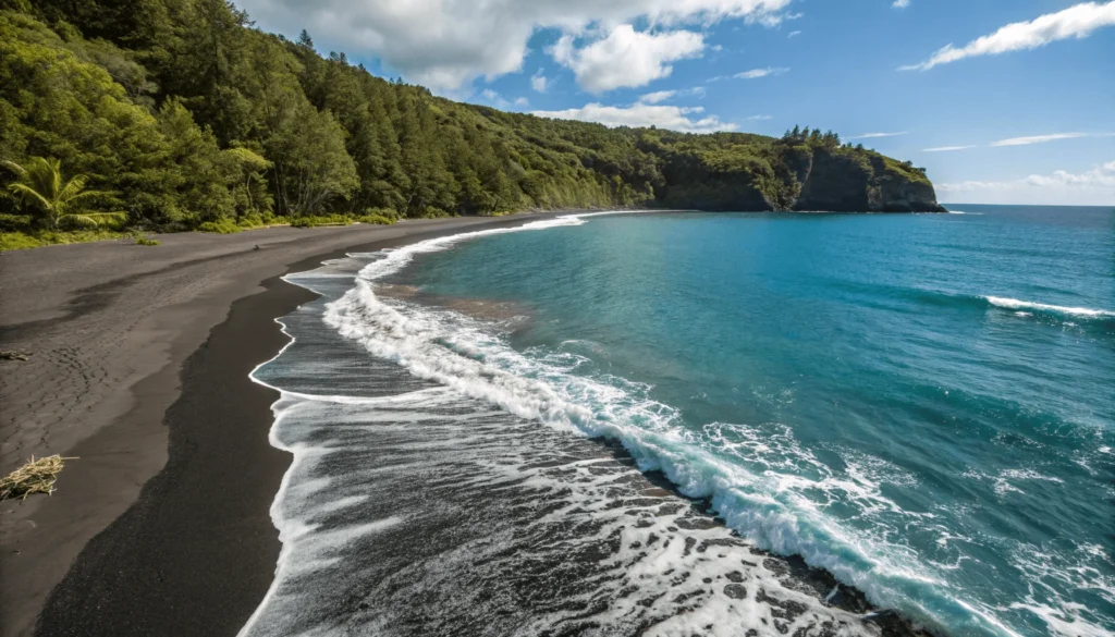 Wide-angle beach-level photograph showing the gradient from wet black sand to clear shallows to deeper turquoise water at 49 Black Sand Beach, with the curved shoreline visible from south to north.
