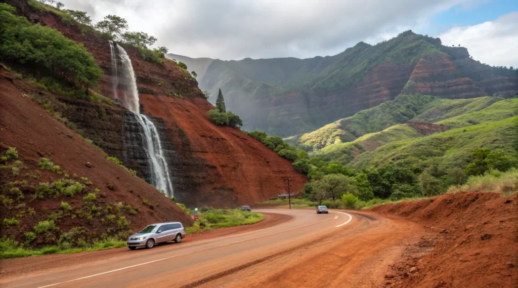 Roadside view of Red Dirt Waterfall along Highway 550 at Mile Marker 23 with cars parked in a small pullout area.