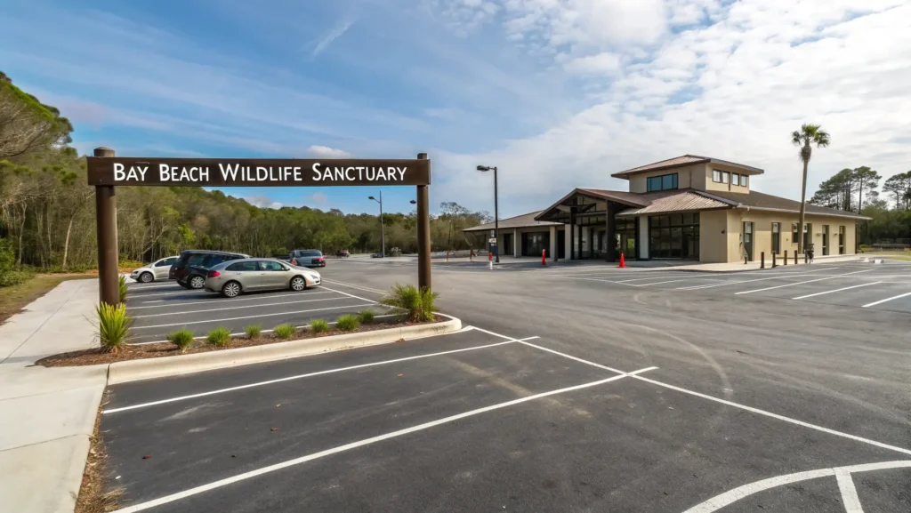 Main parking lot at Bay Beach Wildlife Sanctuary with clear view of the Nature Center and directional signs.