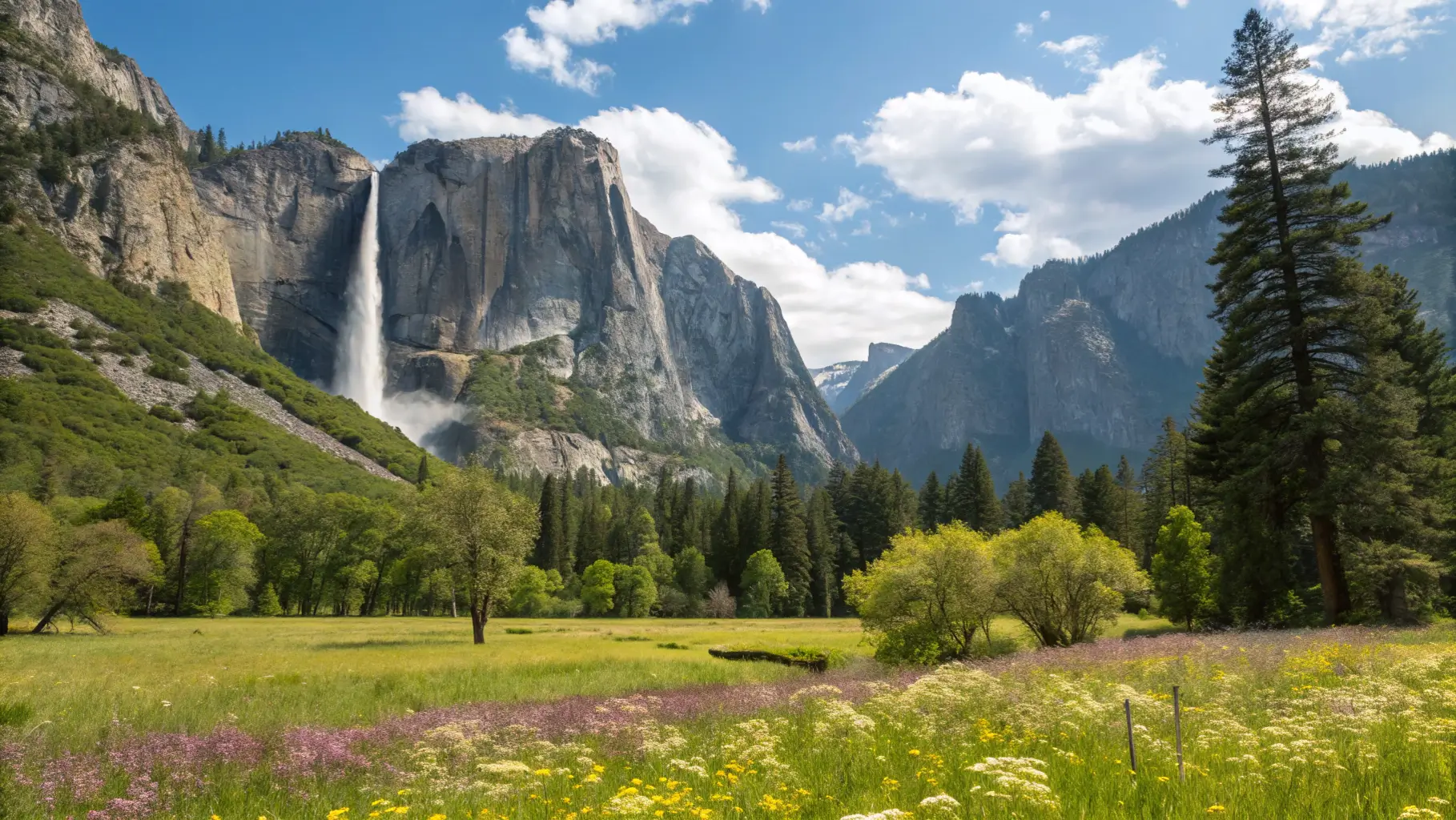 Yosemite Falls at peak flow framed by spring wildflowers.
