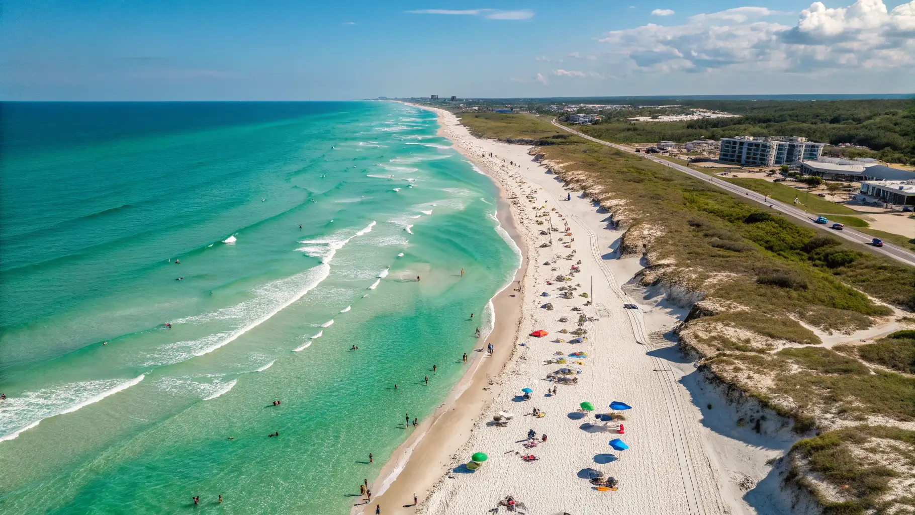 Aerial view of a beautiful Texas beach with golden sands and turquoise waters, showcasing people enjoying the sun and beach activities.