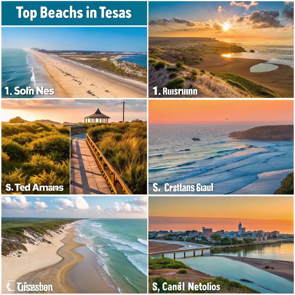 Collage of the top 10 beaches in Texas, showcasing diverse landscapes and attractions from various beaches.