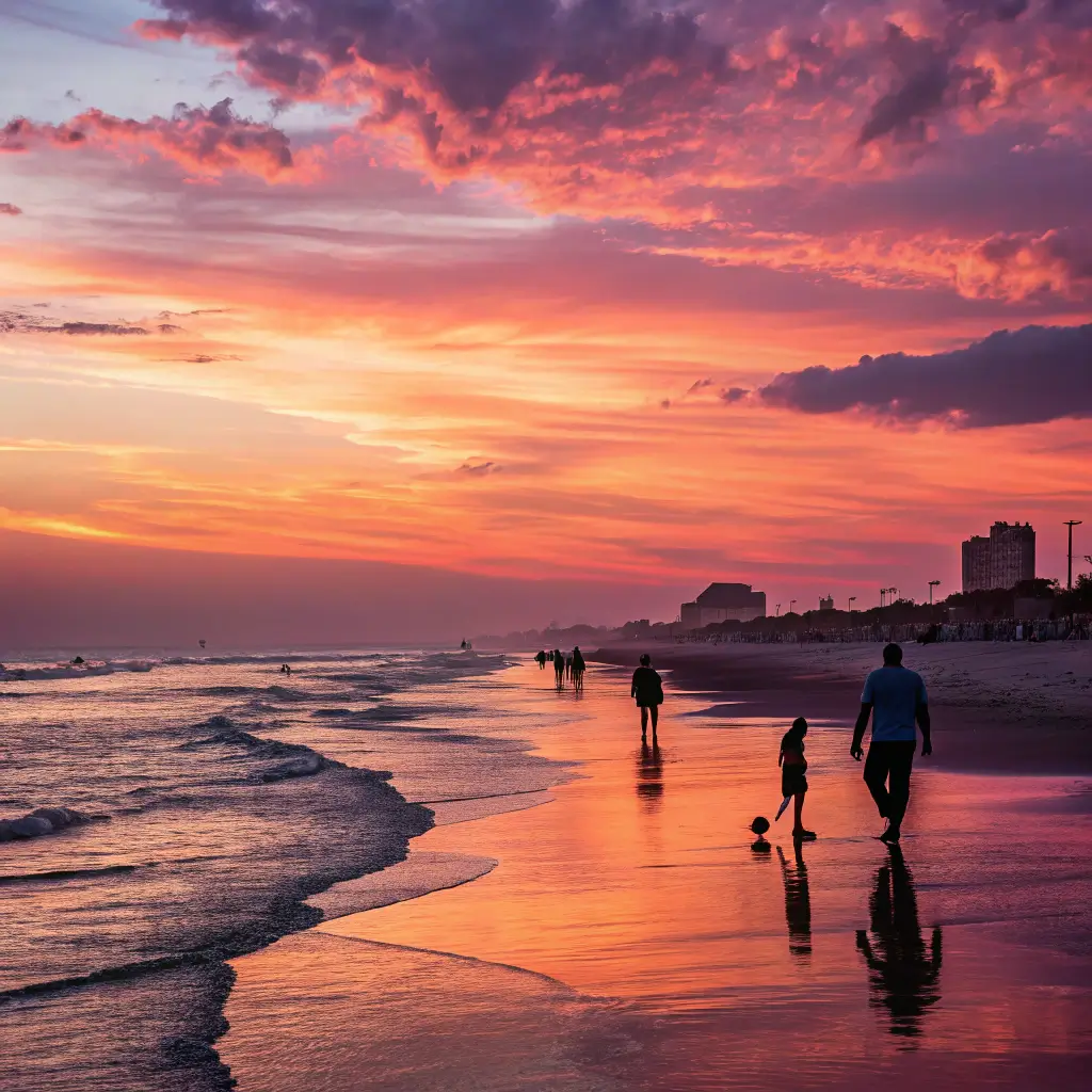 A stunning sunset over a Texas beach with vibrant colors and silhouettes of people enjoying the view.