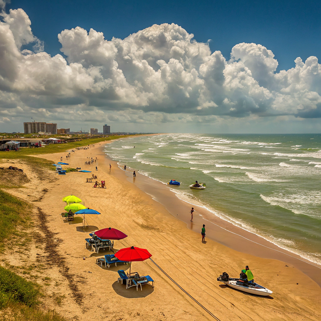 A lively scene at South Padre Island with beach umbrellas and water sports.