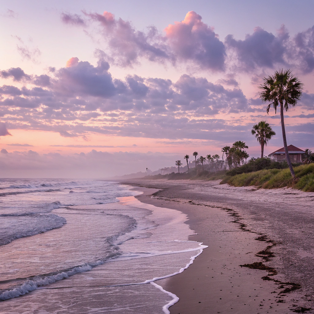 A tranquil Texas beach at dawn with soft waves and a peaceful atmosphere.
