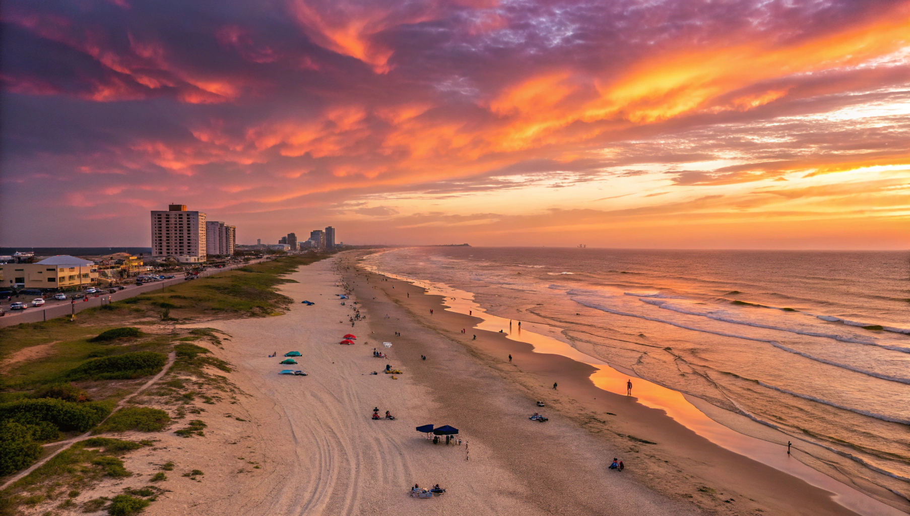 A picturesque Texas beach at sunset with golden sands and gentle waves.