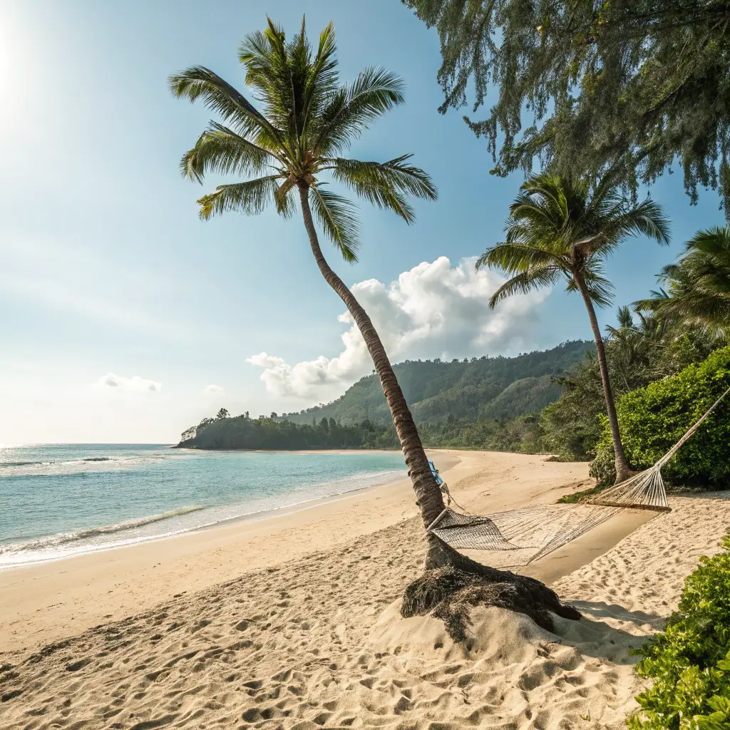A secluded beach in Kauai with white sand, gentle waves, and a hammock between palm trees, surrounded by greenery.