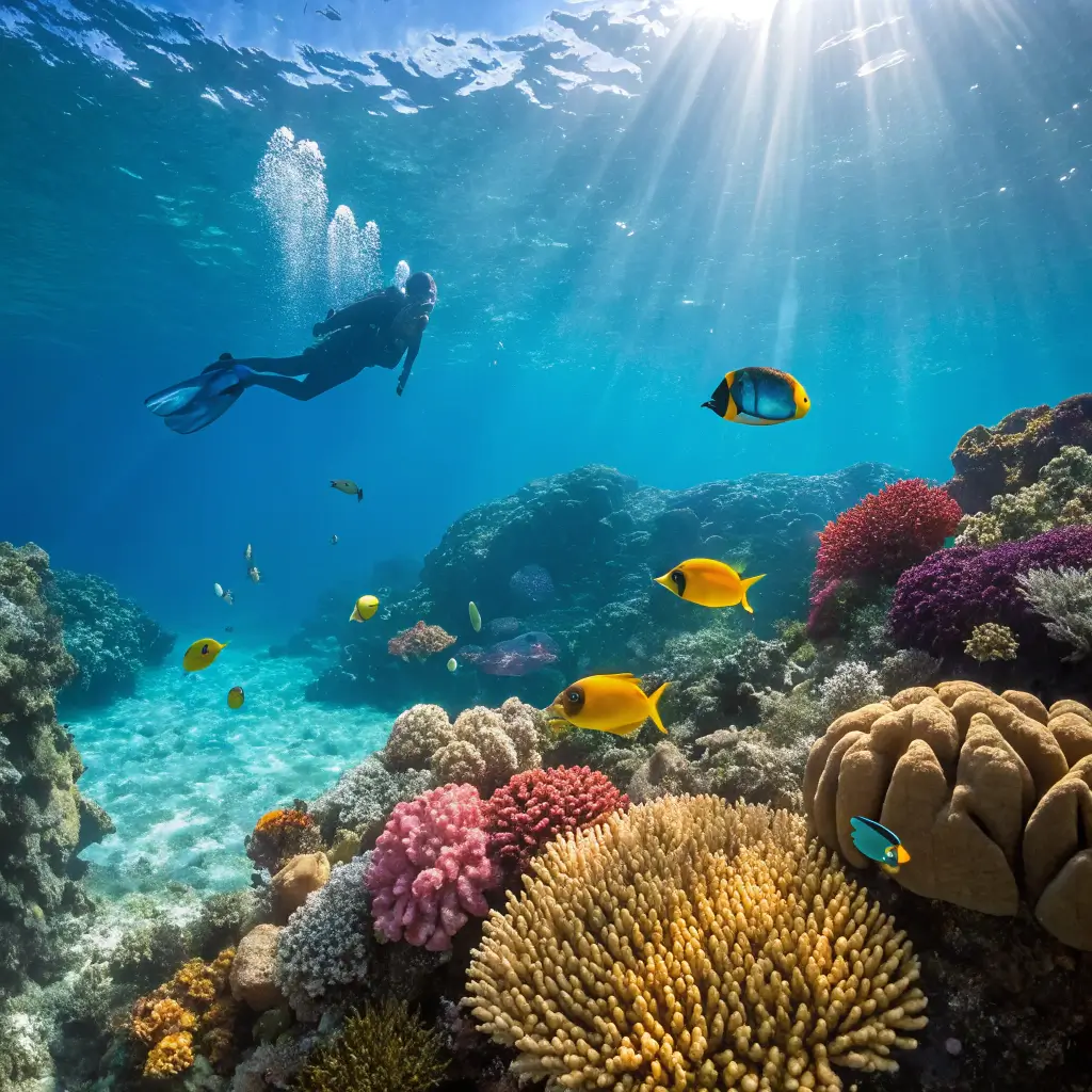 Underwater view of a coral reef in Kauai, with tropical fish and a snorkeler exploring the vibrant marine life.