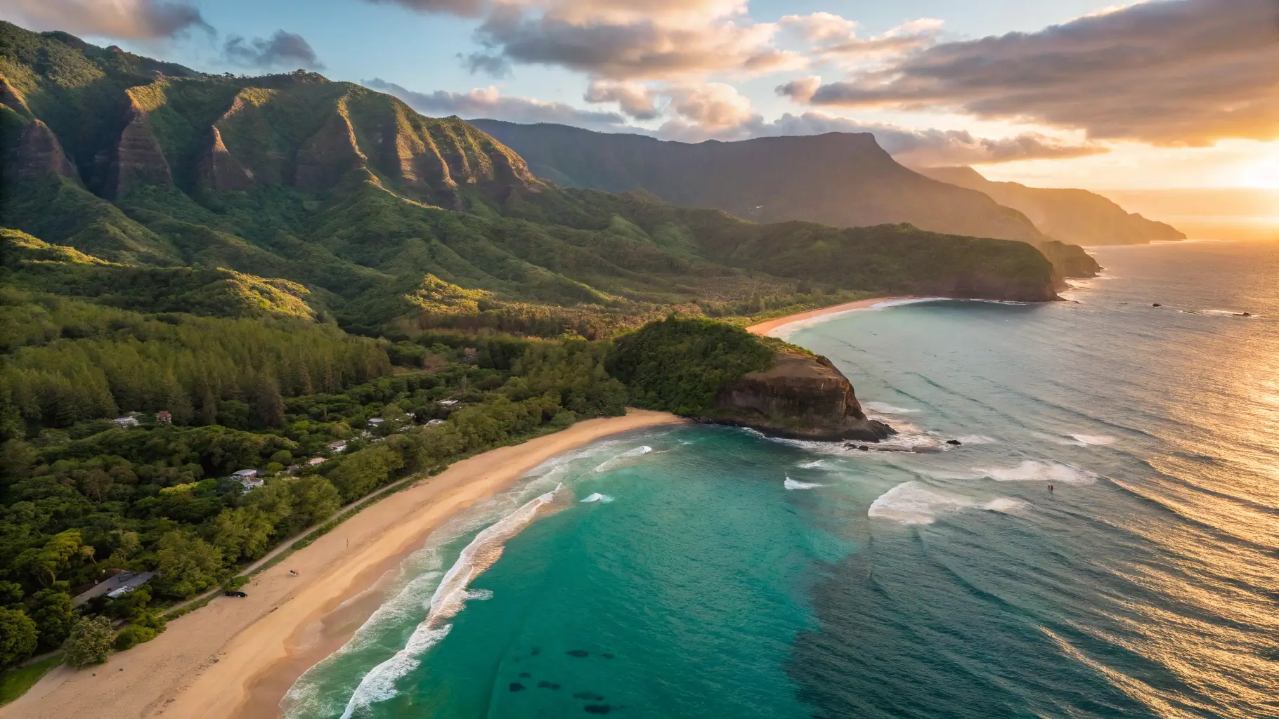 Aerial view of a beautiful beach in Kauai with turquoise waters and golden sands, surrounded by lush green cliffs.