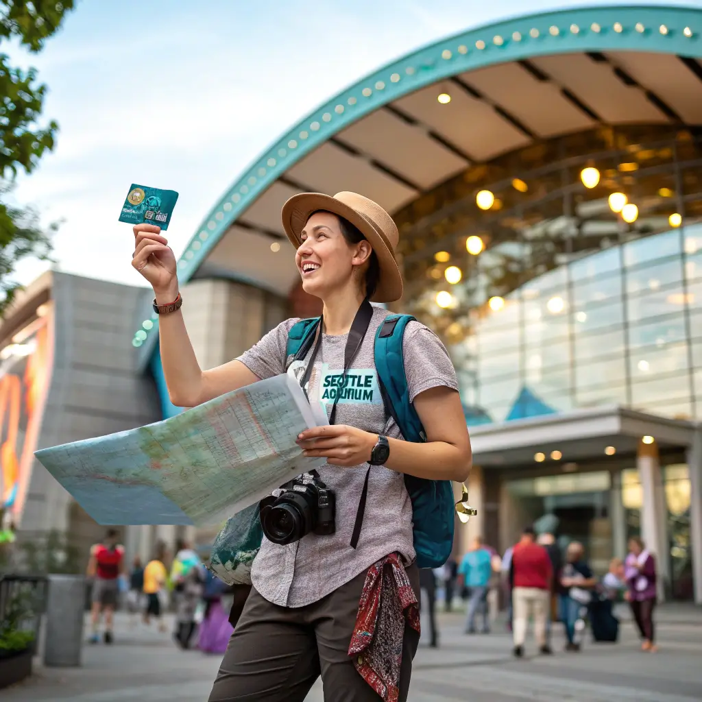 A traveler holding a Seattle CityPASS in front of the Seattle Aquarium, ready to explore the city.