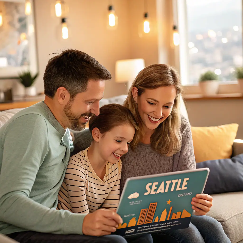 A family planning their Seattle trip, comparing prices and attractions on a tablet, illustrating the value of Seattle CityPASS.