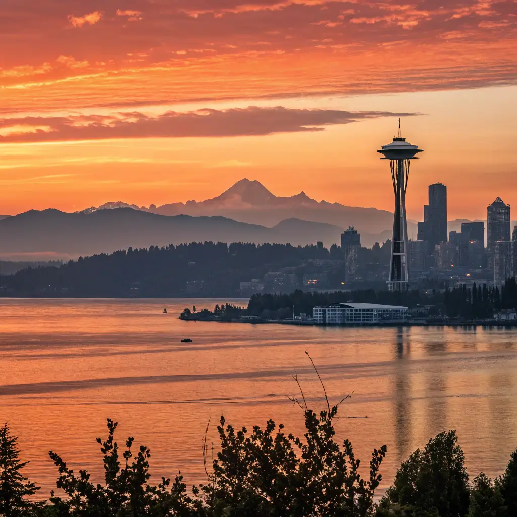 A beautiful sunset over Elliott Bay with the Seattle skyline in the background, representing the conclusion of a Seattle adventure.