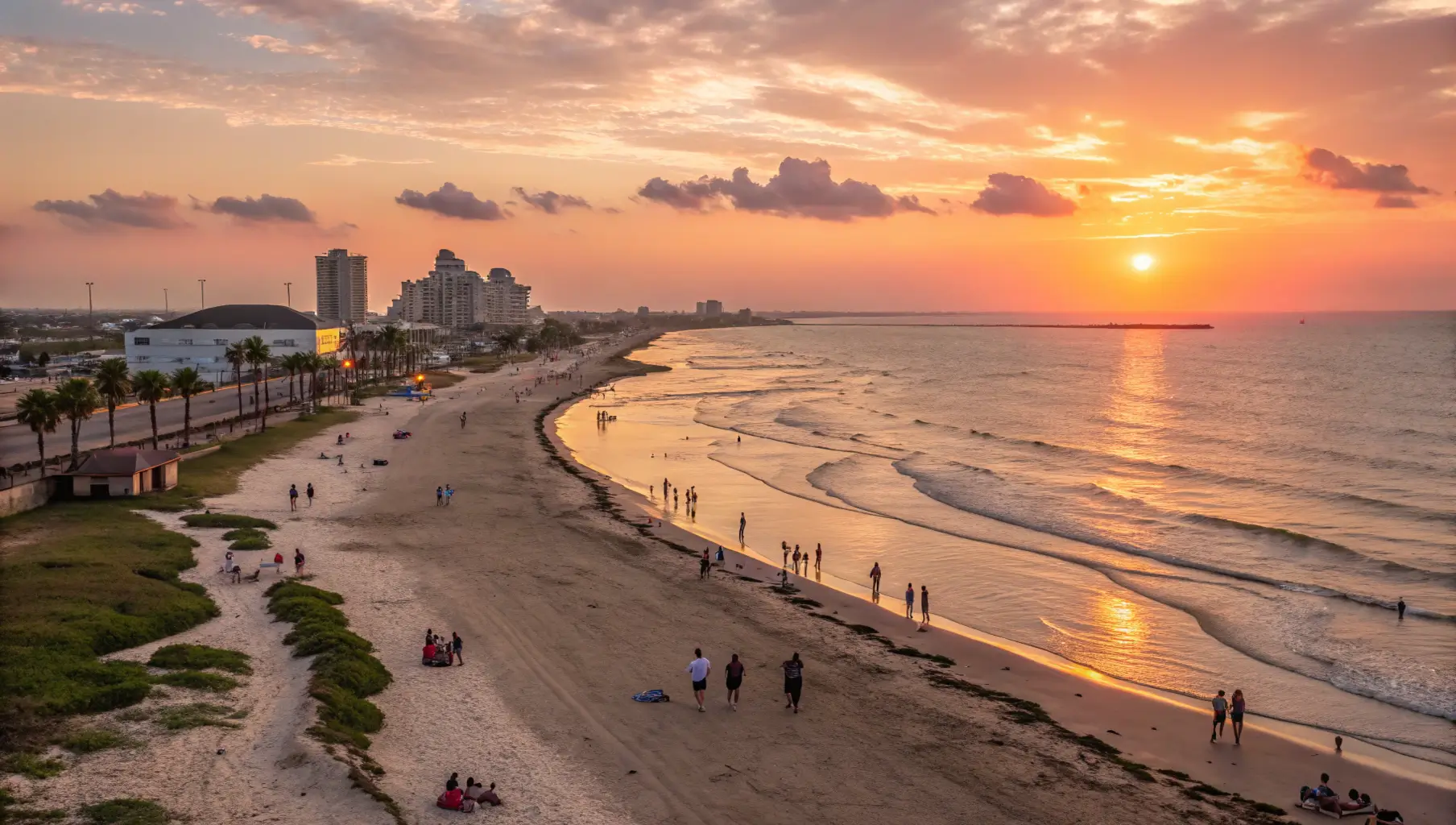 Sunset view of Corpus Christi Beach in Texas with warm colors reflecting on the water and people walking along the shore.