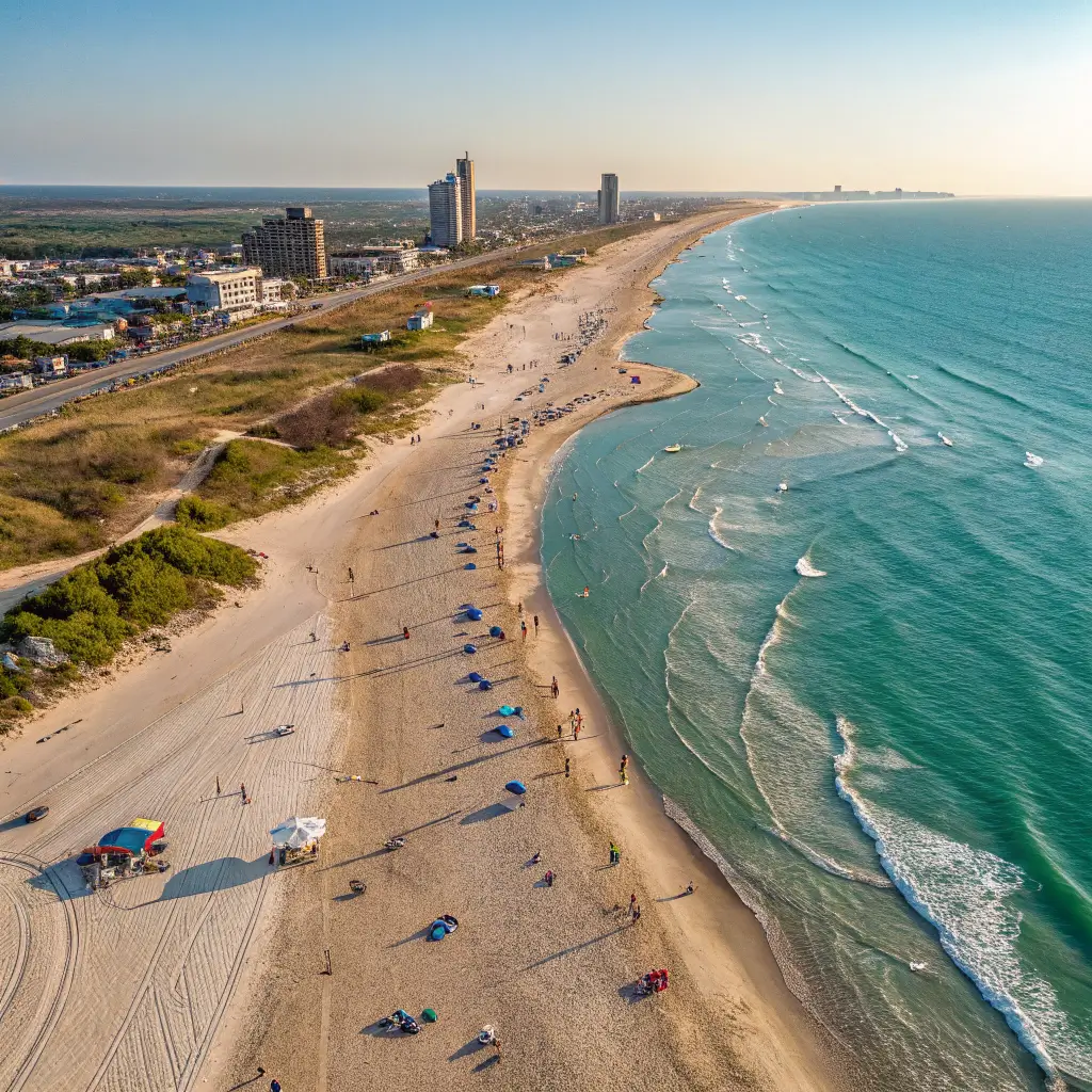 Aerial view of Corpus Christi Beach in Texas with golden sands and blue waters, featuring beachgoers enjoying the sun.