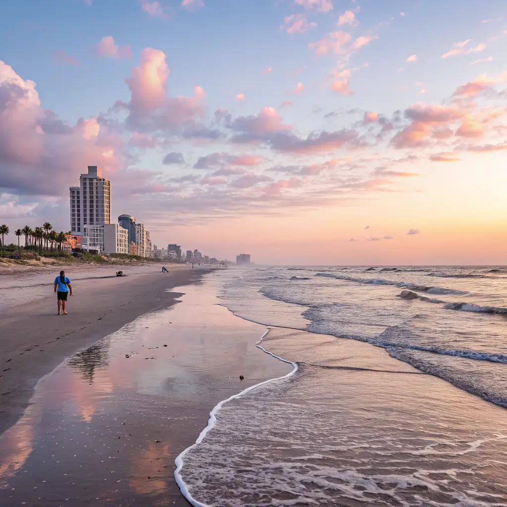 Dawn at Corpus Christi Beach in Texas with soft colors and calm waves, evoking a sense of tranquility.