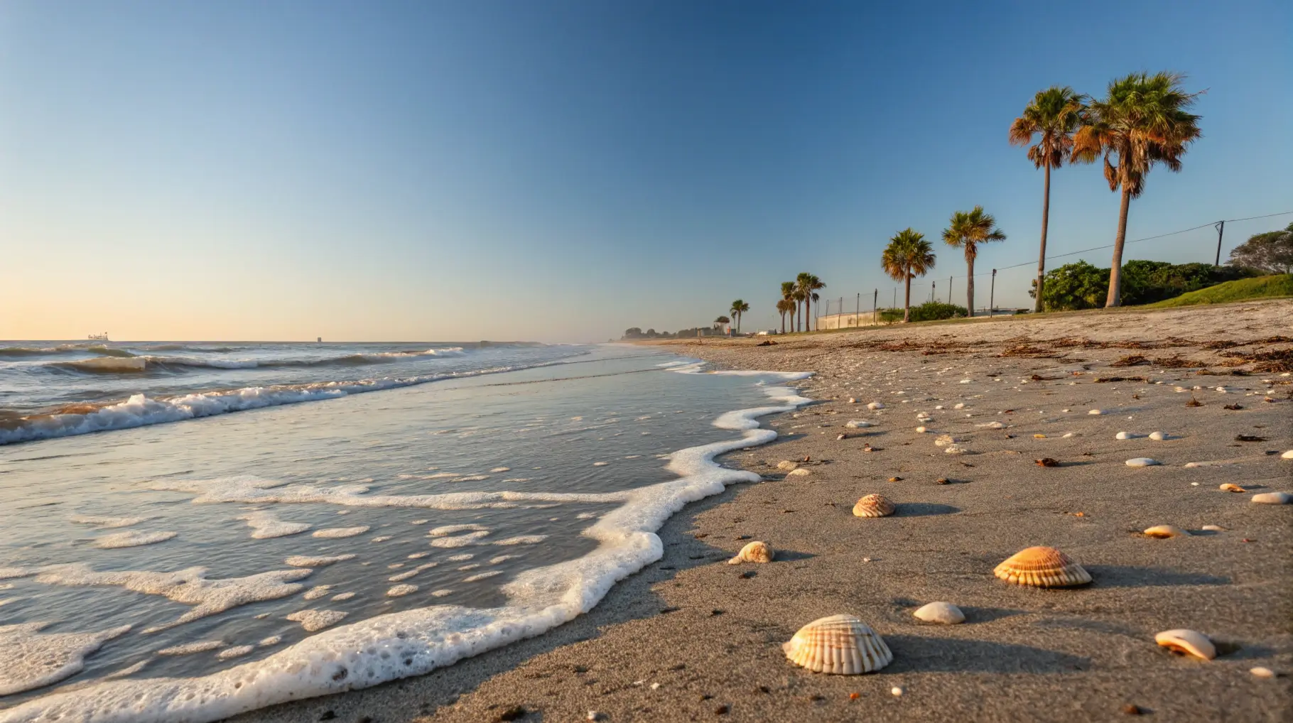 A peaceful morning at Corpus Christi beach with seashells and soft waves.