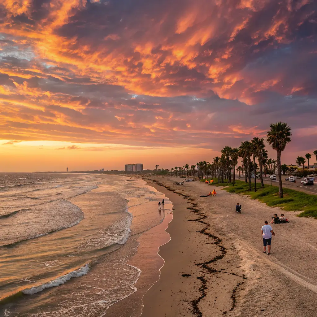 A picturesque sunset over Corpus Christi Texas beach, with golden sands and gentle waves, featuring beachgoers and palm trees.