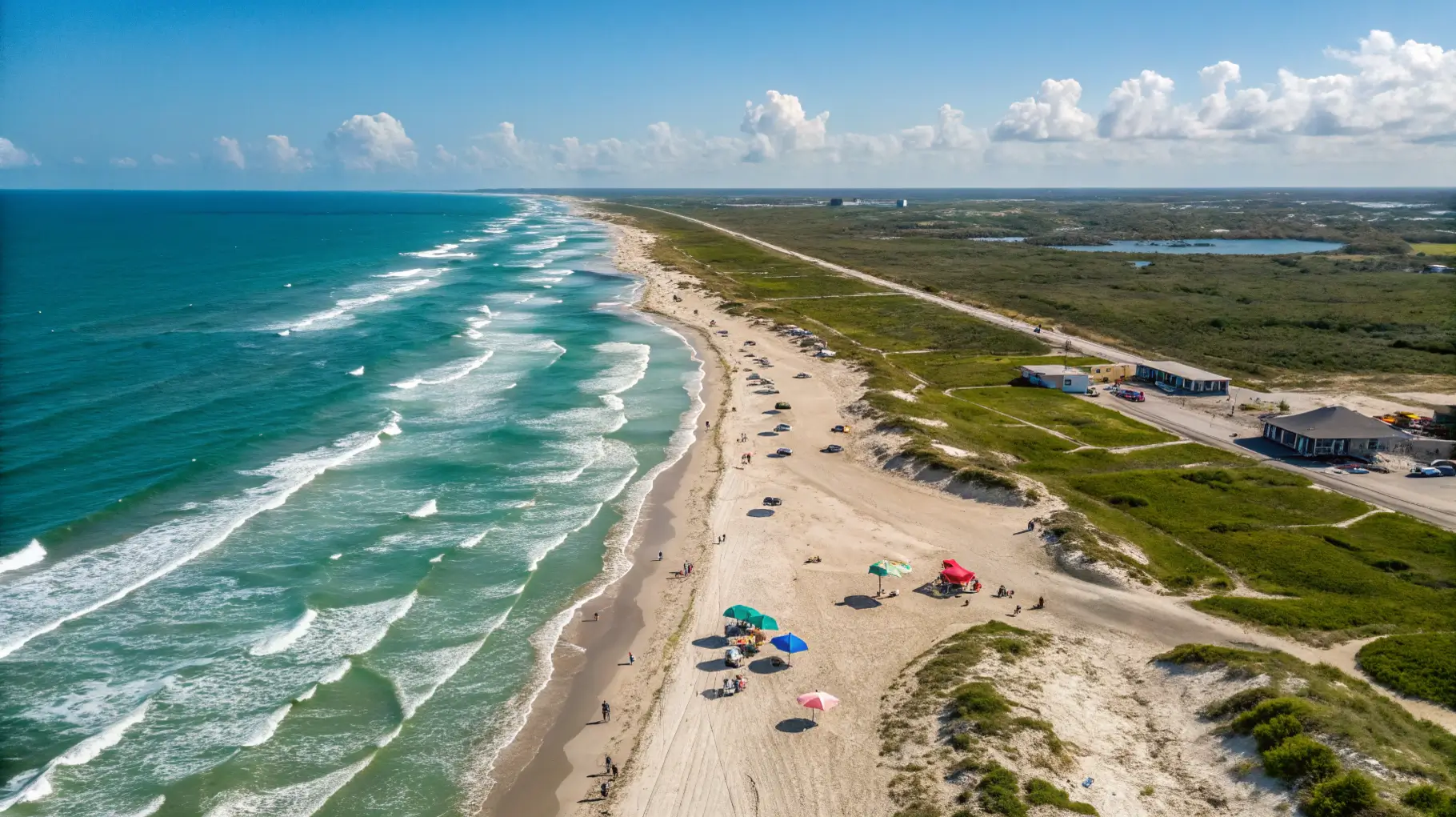 Aerial view of Crystal Beach, Texas, featuring sandy beaches, blue waters, and families enjoying the sun.