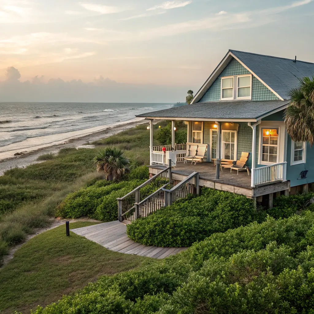 Beachfront rental cottage in Crystal Beach, Texas, with a view of the ocean.
