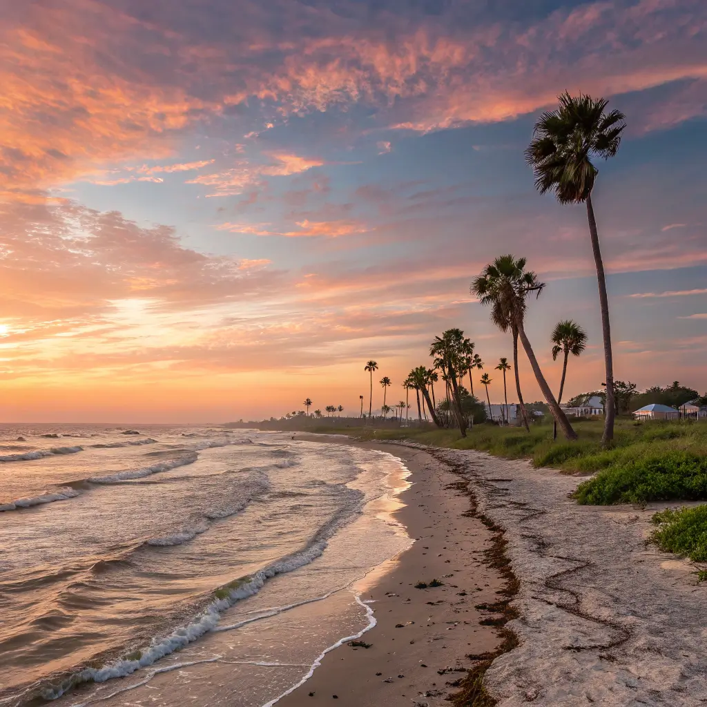 Serene beach landscape of Crystal Beach, Texas, with palm trees and a vibrant sunset.