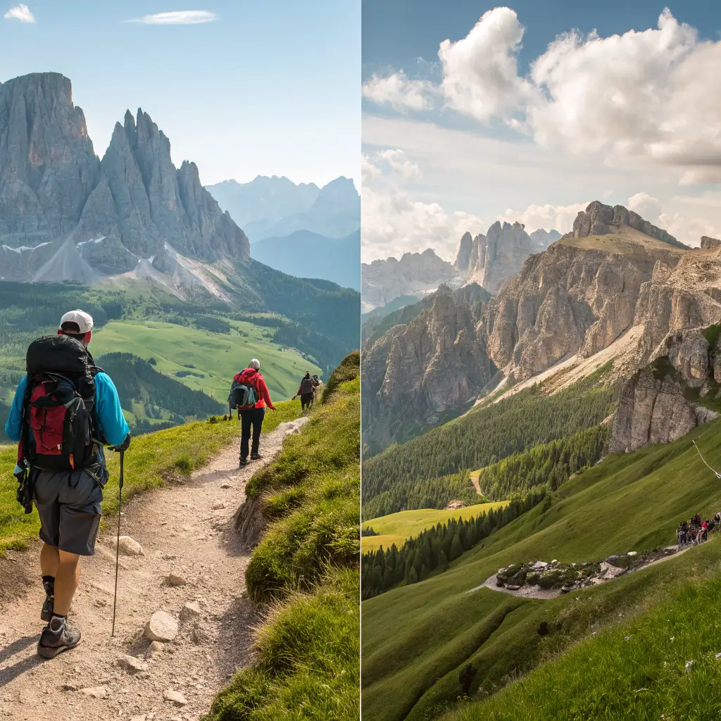 A comparison of guided and self-guided hiking tours in the Dolomites, showcasing a group with a guide and a solo hiker.