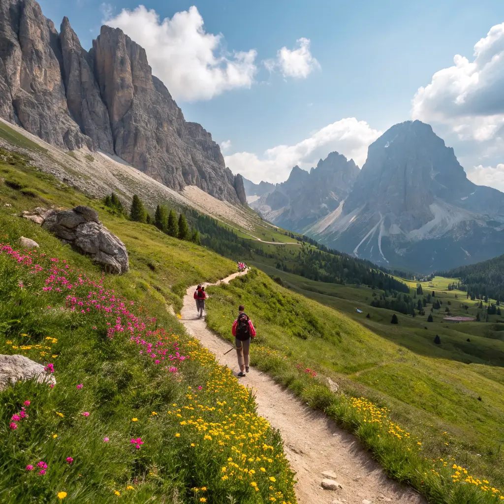 A picturesque hiking trail in the Dolomites, lined with wildflowers and surrounded by majestic mountains.