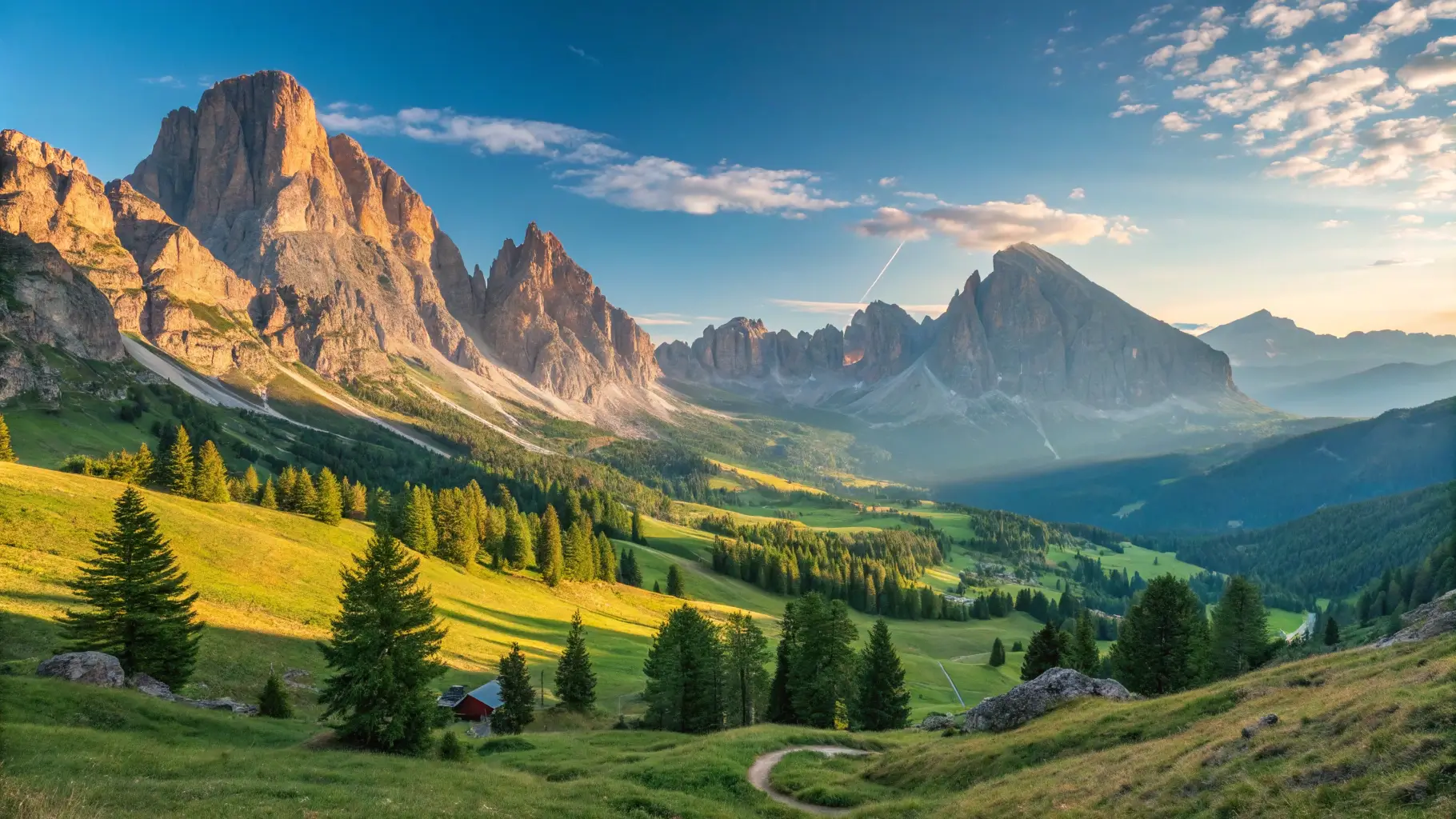 A stunning sunrise over the Dolomites mountains, highlighting the rugged peaks and lush valleys, ideal for hiking tours.