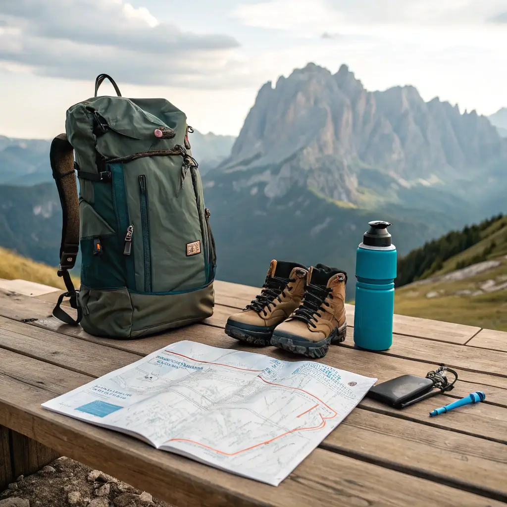 Essential hiking gear for a Dolomites hiking tour, including a backpack, water bottle, and map, with mountains in the background.