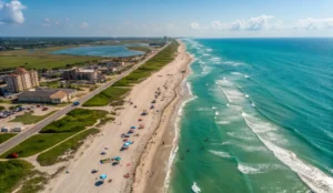 Aerial view of Jamaica Beach, Texas, featuring sandy beaches, blue waters, and people enjoying beach activities.