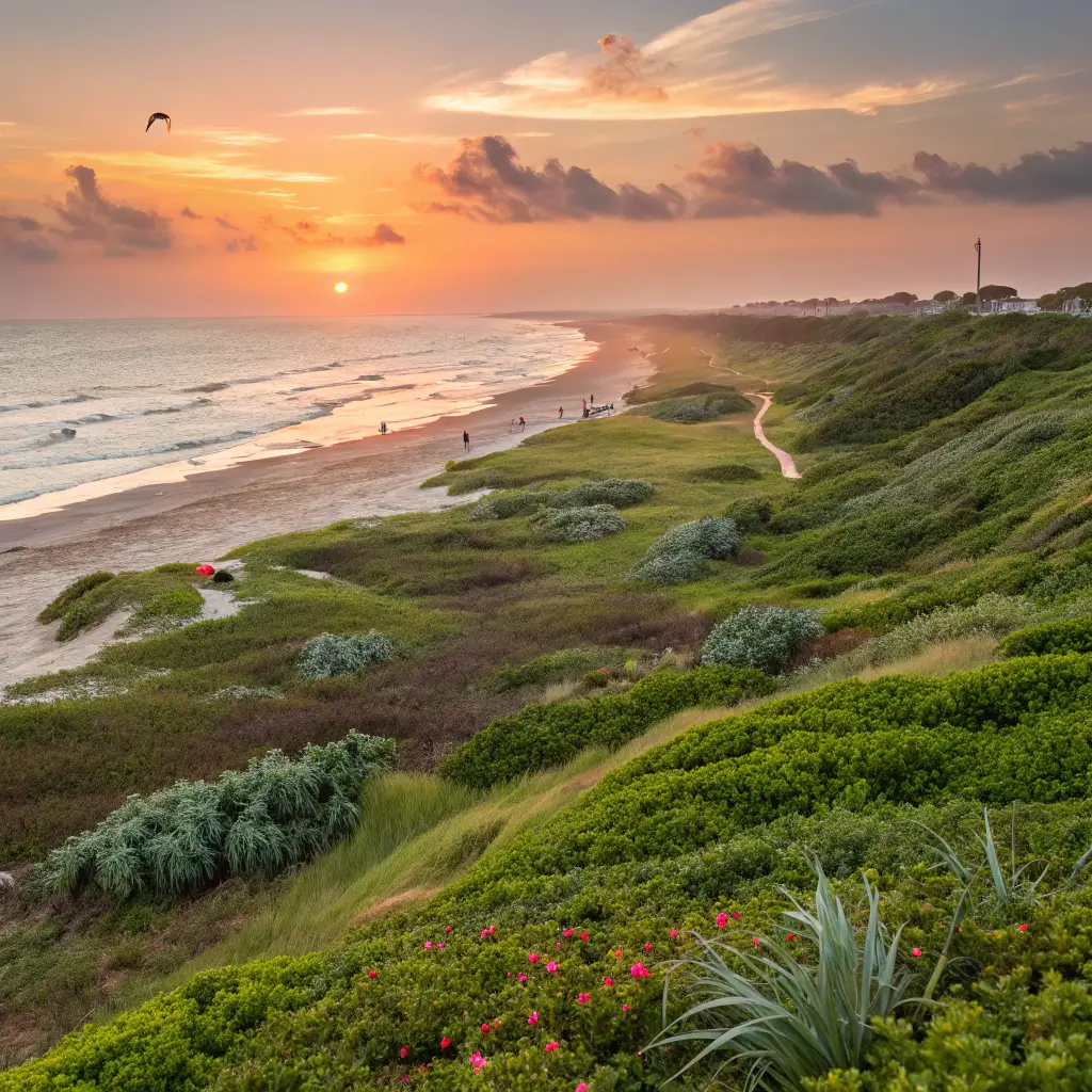 Scenic landscape of Jamaica Beach, Texas, with coastal dunes, greenery, and a sunset.