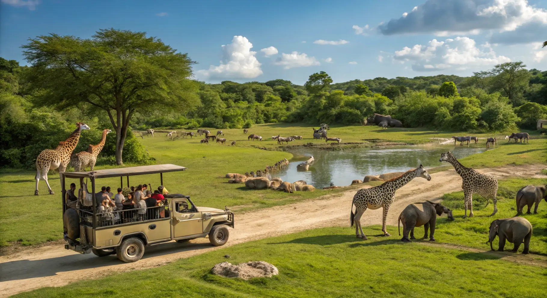 An engaging scene depicting the safari tour experience at Lake Tobias Wildlife Park, with visitors on a safari vehicle observing various animals in their natural habitats. The image should capture the excitement and wonder of wildlife encounters.