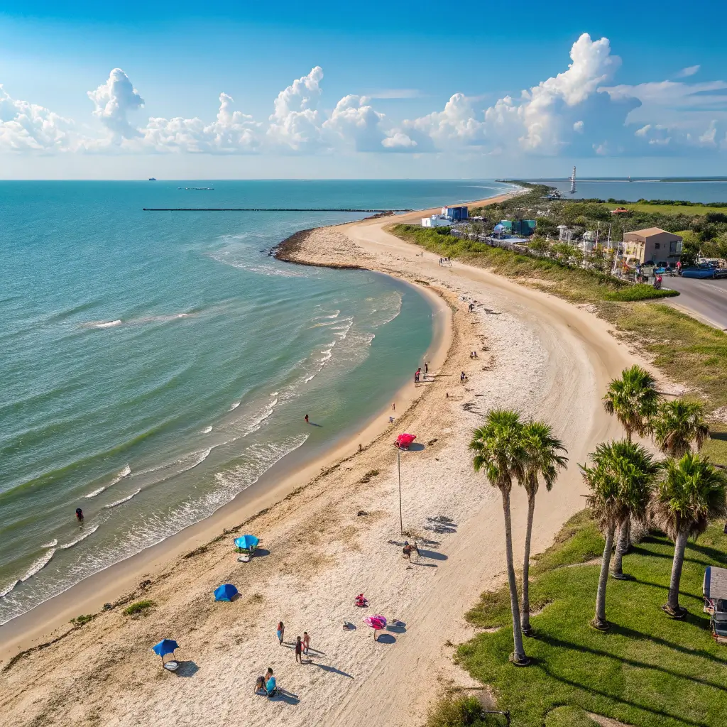Aerial view of Rockport Beach, Texas, featuring sandy shores, clear waters, and beachgoers.