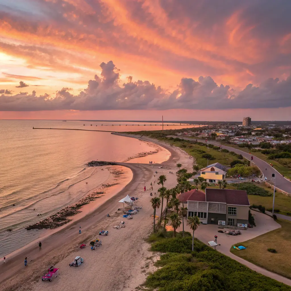 Panoramic view of Rockport Beach, Texas, at dusk with a colorful sky.